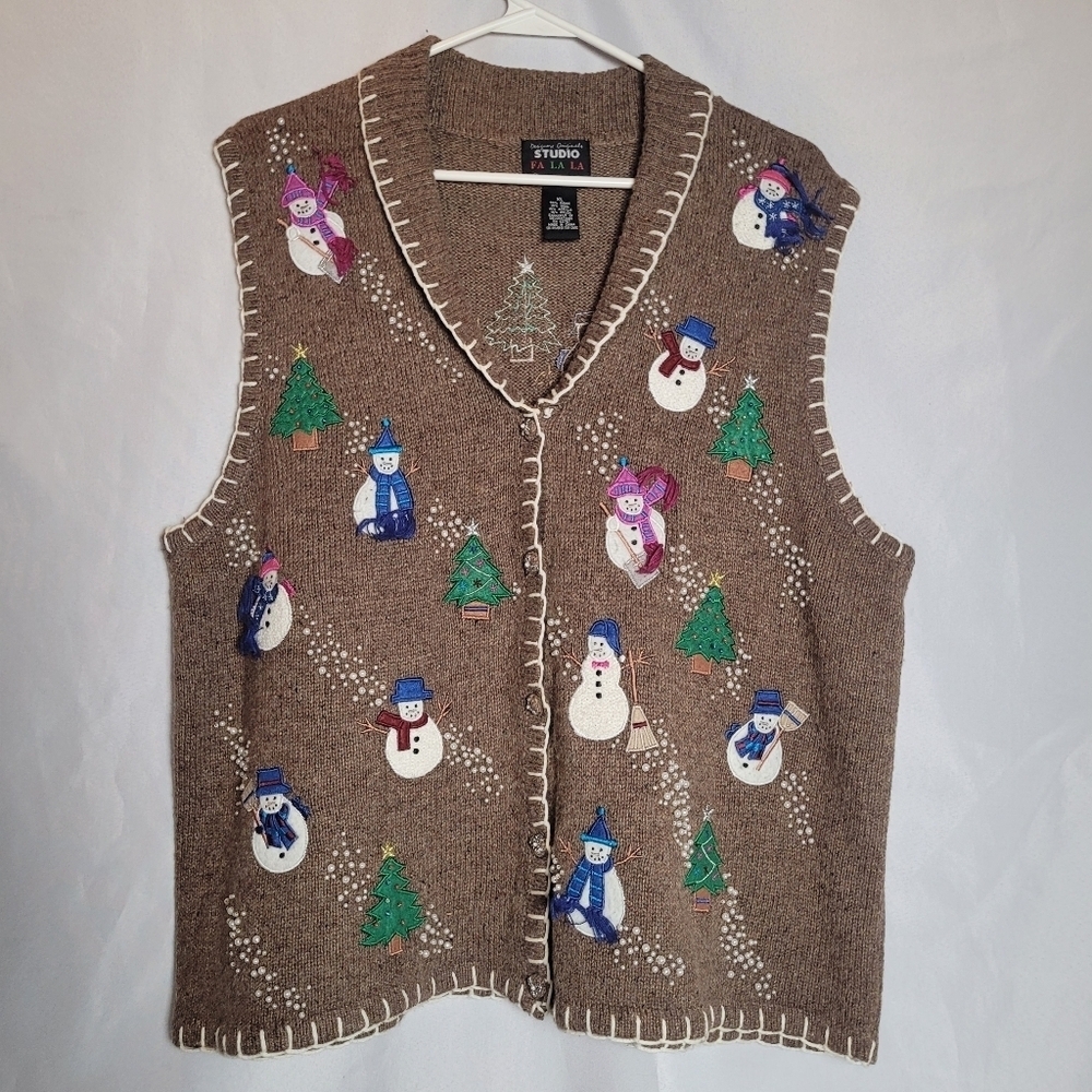Women's Wool Blend Winter Snowmen Embroidered Beaded Sweater Vest Size XL Xmas